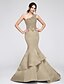 cheap Special Occasion Dresses-Mermaid / Trumpet Dress Formal Evening Chapel Train Sleeveless One Shoulder Satin with Appliques