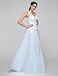 cheap Special Occasion Dresses-A-Line Open Back Prom Formal Evening Dress Plunging Neck Sleeveless Floor Length Tulle with Bow(s) Appliques