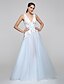 cheap Special Occasion Dresses-A-Line Open Back Prom Formal Evening Dress Plunging Neck Sleeveless Floor Length Tulle with Bow(s) Appliques