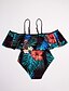 cheap One-piece swimsuits-Women&#039;s Boho Strap / Off Shoulder Black Bandeau Briefs One-piece Swimwear - Floral Tropical Leaf Ruffle / Print L XL XXL / Sexy