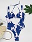 cheap Women&#039;s Swimwear &amp; Bikinis-Women&#039;s Plunging Floral Bandage Halter Neck Blue White Black Multi-piece Swimwear Swimsuit - Color Block Solid Colored Print S M L Blue