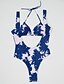 cheap Women&#039;s Swimwear &amp; Bikinis-Women&#039;s Plunging Floral Bandage Halter Neck Blue White Black Multi-piece Swimwear Swimsuit - Color Block Solid Colored Print S M L Blue