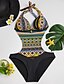 cheap Women&#039;s Swimwear-Women&#039;s One Piece Swimsuit Geometric Blue Black Swimwear Halter Neck Bathing Suits Floral / Padded Bras