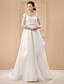 cheap Wedding Dresses-A-Line Square Neck Court Train Lace / Organza Made-To-Measure Wedding Dresses with Beading / Appliques / Sash / Ribbon by LAN TING BRIDE® / Illusion Sleeve / See-Through