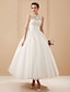 cheap Wedding Dresses-A-Line Wedding Dresses High Neck Ankle Length Lace Over Tulle Regular Straps Vintage Little White Dress Illusion Detail with Sash / Ribbon Ruched Appliques 2022