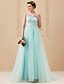 cheap Evening Dresses-Ball Gown Sparkle &amp; Shine Formal Evening Dress Illusion Neck Sleeveless Sweep / Brush Train Tulle with Lace Pleats Beading 2021