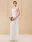 cheap Wedding Dresses-Hall Sheath / Column Wedding Dresses Floor Length Simple Casual Cap Sleeve Square Neck Chiffon With Lace Side-Draped 2023 Winter Bridal Gowns