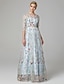 ieftine Rochii de Seară-rochie de seară în formă de a rochie de petrecere rochie florală vacanță oaspeți la nuntă lungime podea mânecă 3/4 lungime dantelă gât iluzie cu broderie 2024