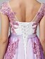 cheap Evening Dresses-A-Line Floral Pastel Colors Holiday Prom Dress Illusion Neck Sleeveless Floor Length Lace Over Tulle with Beading Ruffles 2020