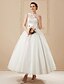 cheap Wedding Dresses-A-Line Wedding Dresses High Neck Ankle Length Lace Over Tulle Regular Straps Vintage Little White Dress Illusion Detail with Sash / Ribbon Ruched Appliques 2022