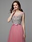 cheap Evening Dresses-A-Line Sparkle &amp; Shine Dress Prom Formal Evening Floor Length Sleeveless Illusion Neck Satin with Sequin 2024