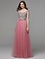 cheap Evening Dresses-A-Line Sparkle &amp; Shine Dress Prom Formal Evening Floor Length Sleeveless Illusion Neck Satin with Sequin 2024