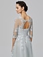 cheap Evening Dresses-A-Line Empire Dress Wedding Guest Prom Floor Length Half Sleeve Illusion Neck Tulle with Bow(s) Appliques 2024