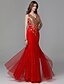 זול שמלות לאירועים מיוחדים-בתולת ים \ חצוצרה אלגנטית שמלה נשף רקודים עד הריצפה ללא שרוולים צווארון V תחרה עם תחרה חרוזים 2022