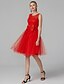 Χαμηλού Κόστους Φορέματα ειδικών περιστάσεων-Γραμμή Α Ανοικτή Πλάτη χαριτωμένο στυλ Καλωσόρισμα Κοκτέιλ Πάρτι Φόρεμα Λαιμός ψευδαίσθησης Αμάνικο Μέχρι το γόνατο Δαντέλα πάνω από τούλι με Φιόγκος(οι) 2021