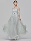 cheap Evening Dresses-A-Line Empire Dress Wedding Guest Prom Floor Length Half Sleeve Illusion Neck Tulle with Bow(s) Appliques 2024