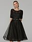 cheap Cocktail Dresses-A-Line Little Black Dress Dress Holiday Knee Length Half Sleeve Illusion Neck Tulle with Lace Bow(s) 2022 / Cocktail Party / Prom