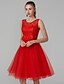 cheap Special Occasion Dresses-A-Line Open Back Cute Homecoming Cocktail Party Dress Illusion Neck Sleeveless Knee Length Lace Over Tulle with Bow(s) 2021