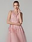 זול שמלות קוקטייל-A-Line Cute Dress Valentine&#039;s Day Cocktail Party Knee Length Sleeveless Illusion Neck Tulle Over Lace with Beading Appliques