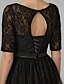 cheap Cocktail Dresses-A-Line Little Black Dress Dress Holiday Knee Length Half Sleeve Illusion Neck Tulle with Lace Bow(s) 2022 / Cocktail Party / Prom