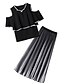 cheap Plus Size Tops-Women&#039;s Set Black White Striped Pleated Short Sleeve Work Holiday Streetwear Sophisticated Off Shoulder Crew Neck Regular Fit Summer