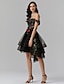 Χαμηλού Κόστους Κοκτέιλ Φορέματα-Γραμμή Α Μικρό Μαύρο Φόρεμα Φόρεμα Κοκτέιλ Πάρτι Μέχρι το γόνατο Αμάνικο Ώμοι Έξω Τούλι με Βολάν Κέντημα 2022 / Χοροεσπερίδα / Κοντό Μπροστά Μακρύ Πίσω