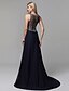 cheap Evening Dresses-A-Line Luxurious Dress Engagement Formal Evening Court Train Sleeveless Jewel Neck Chiffon with Crystals Beading Slit 2024
