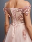 cheap Evening Dresses-A-Line Floral Dress Valentine&#039;s Day Wedding Guest Sweep / Brush Train Sleeveless Off Shoulder Tulle Over Lace with Appliques 2023