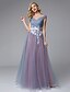 cheap Prom Dresses-A-Line Color Block Dress Prom Formal Evening Floor Length Sleeveless Off Shoulder Lace V Back with Sash / Ribbon Appliques 2024