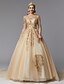 olcso Menyasszonyi ruhák-Ball Gown Wedding Dresses Jewel Neck Sweep / Brush Train Lace Tulle Long Sleeve Glamorous See-Through Backless Modern with Beading Appliques 2022