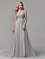 cheap Evening Dresses-A-Line Luxurious Dress Engagement Formal Evening Chapel Train Long Sleeve Illusion Neck Chiffon V Back Low Back with Sequin Appliques 2023