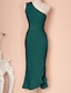 billige Semiformelle kjoler-cocktailpartykjole for kvinner slirekjole midikjole grønn ermeløs ensfarget volang vårsommer en skulder varm slank volang s m l xl
