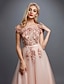 cheap Evening Dresses-A-Line Floral Dress Prom Formal Evening Sweep / Brush Train Off Shoulder Sleeveless Tulle Over Lace with Appliques 2022