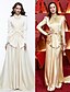 cheap Evening Dresses-A-Line Celebrity Style Dress Engagement Chapel Train Long Sleeve High Neck Satin with Bow(s) Pleats 2022 / Formal Evening