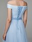 billige Fest kjoler-A-linje Minimalistisk Kjole Skolebal Gulvlang Kortærmet Skulderfri Tyl med Krøllede Folder 2022 / Formel aften