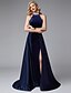 cheap Evening Dresses-A-Line Furcal Dress Prom Sweep / Brush Train Sleeveless Jewel Neck Satin with Split Front 2022 / Formal Evening