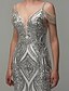 Χαμηλού Κόστους Βραδινά Φορέματα-Ίσια Γραμμή Κομψό Beaded &amp; Sequin Χοροεσπερίδα Επίσημο Βραδινό Φόρεμα Λαιμόκοψη V Κοντομάνικο Μακρύ Με πούλιες με Χάντρες Πούλιες 2020