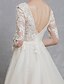 billiga Brudklänningar-A-linje Bröllopsklänningar Halsbåt Svepsläp Spets Tyll Långärmad utskärningar med Spets Applikationsbroderi 2021 / Illusion ärm