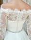 cheap Wedding Dresses-Hall A-Line Wedding Dresses Asymmetrical Little White Dresses Long Sleeve Off Shoulder Lace With Lace Crystal Brooch 2023 Spring, Fall, Winter, Summer Bridal Gowns / Reception / Beach