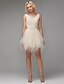 זול שמלות שושבינה-גזרת A צווארון V באורך  הברך טול שמלה לשושבינה  עם פפיון(ים) על ידי LAN TING BRIDE®