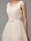 cheap Bridesmaid Dresses-A-Line V Neck Knee Length Tulle Bridesmaid Dress with Bow(s) by LAN TING BRIDE®