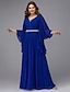 cheap Evening Dresses-A-Line Plus Size Dress Wedding Guest Formal Evening Floor Length Long Sleeve V Neck Chiffon Lace-up with Crystals Sequin 2024