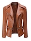cheap Furs &amp; Leathers-Women&#039;s Faux Leather Jacket Fall Winter Spring Street Daily Date Short Coat Notch lapel collar Warm Waterproof Slim Faux Leather Jacket Long Sleeve Pocket Solid Colored Yellow Wine Khaki