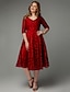 cheap Cocktail Dresses-A-Line Elegant Cocktail Party Valentine&#039;s Day Dress V Neck Lace-up 3/4 Length Sleeve Knee Length Lace with Sash / Ribbon 2022