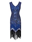 cheap Cocktail Dresses-Sheath / Column Flapper 1920s Fashion Party Wear Cocktail Party Valentine&#039;s Day Dress V Neck Sleeveless Tea Length Polyester with Crystals Tassel 2021