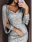 billiga Damklänningar-Dam Bodycon Kort miniklänning Gul Silver Svart 3/4 ärm Ensfärgat Paljetter Djup V-hals Glitter Vår &amp; sommar Djup U-hals Glittrar Sexig Split ärm Smal Delad S M L XL XXL 3XL / Fest