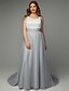 Χαμηλού Κόστους Φορέματα ειδικών περιστάσεων-Γραμμή Α Κομψό Επίσημο Βραδινό Φόρεμα Με Κόσμημα Κοντομάνικο Ουρά Δαντέλα Τούλι με Δαντέλα Ζώνη / Κορδέλα 2021