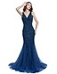 cheap Evening Dresses-Mermaid / Trumpet Sparkle &amp; Shine Formal Evening Black Tie Gala Dress V Neck Sleeveless Sweep / Brush Train Tulle with Beading 2020
