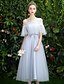 cheap Bridesmaid Dresses-A-Line Illusion Neck Tea Length Tulle Bridesmaid Dress with Appliques by LAN TING Express / Butterfly Sleeve