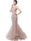 cheap Evening Dresses-Mermaid / Trumpet Luxurious Elegant Engagement Formal Evening Dress Jewel Neck Sleeveless Court Train Tulle with Crystals Beading Sequin 2021